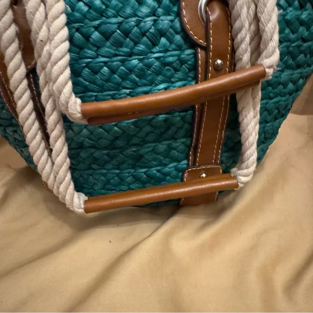 St. John’s Bay Audrina Straw Tote Emerald Green Rope Handle Beach Bag